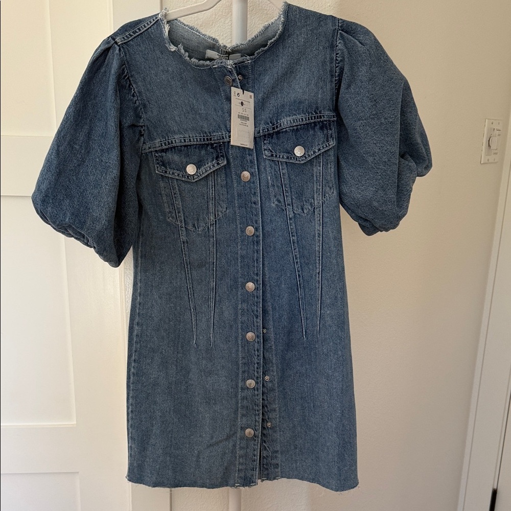 Bershka Blue Denim Mini Dress with Puff Sleeves